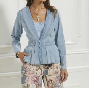 Pyramid Collection Denim Peplum Jacket Blue Shawl Collar Boho Womens 3X NEW